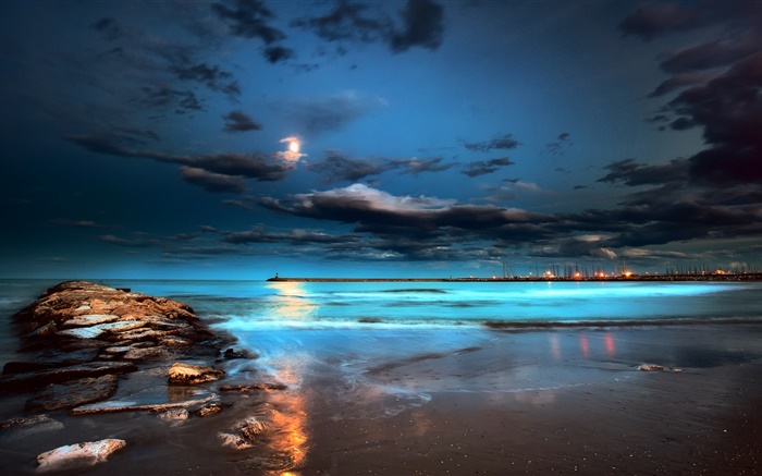 Noche, luces, luna, las nubes, el mar, el muelle Fondos de pantalla, imagen