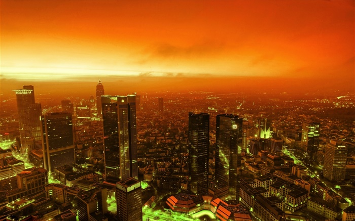 Vista nocturna de la ciudad, rascacielos, luces, oscuridad, cielo rojo Fondos de pantalla, imagen