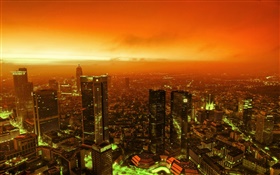 Vista nocturna de la ciudad, rascacielos, luces, oscuridad, cielo rojo HD fondos de pantalla