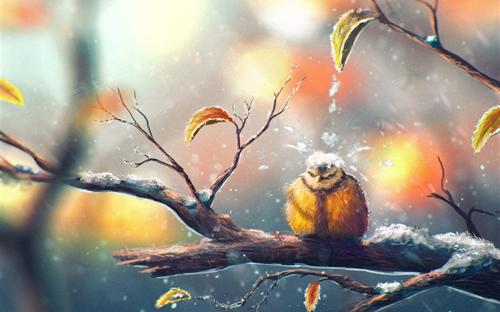 Pintura, pájaro en invierno, rama de árbol, nieve, hojas Fondos de pantalla, imagen