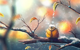 Pintura, pájaro en invierno, rama de árbol, nieve, hojas