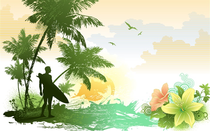 palmeras, flores, pájaros, mar, tropical, hombre, vector fotos Fondos de pantalla, imagen