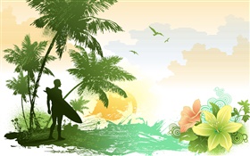 palmeras, flores, pájaros, mar, tropical, hombre, vector fotos HD fondos de pantalla