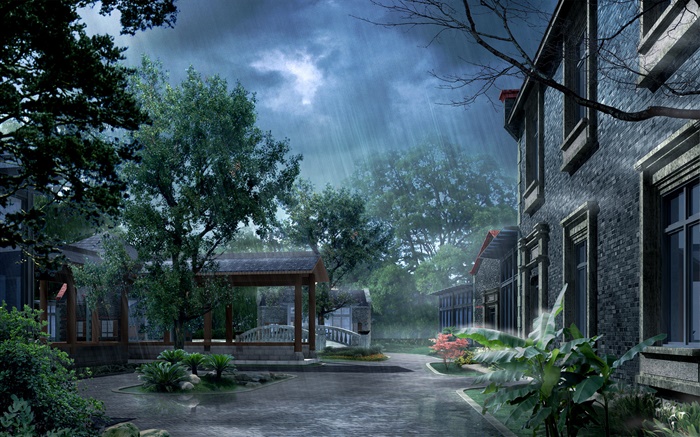 Parque en la lluvia, casa, árboles, renderizar imágenes 3D Fondos de pantalla, imagen