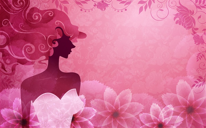 fondo de color rosa, la chica de moda del vector, flores, diseño Fondos de pantalla, imagen