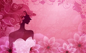 fondo de color rosa, la chica de moda del vector, flores, diseño