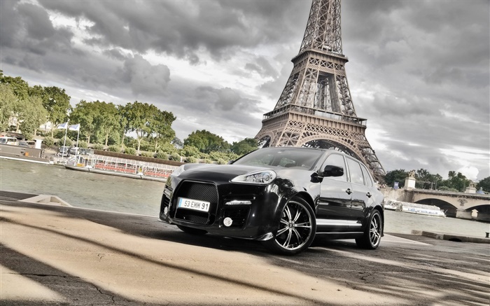coche negro Porsche Cayenne, Torre Eiffel Fondos de pantalla, imagen