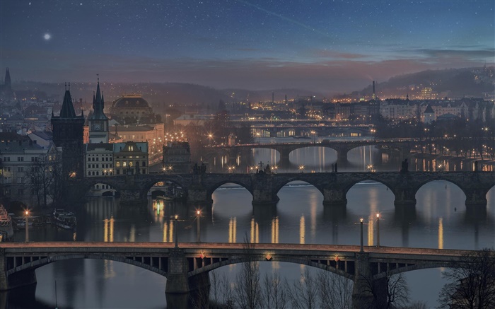 Praga, República Checa, puente, río, casa, noche, luces Fondos de pantalla, imagen