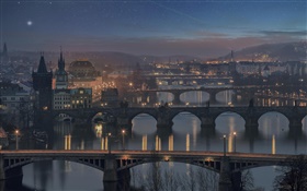Praga, República Checa, puente, río, casa, noche, luces