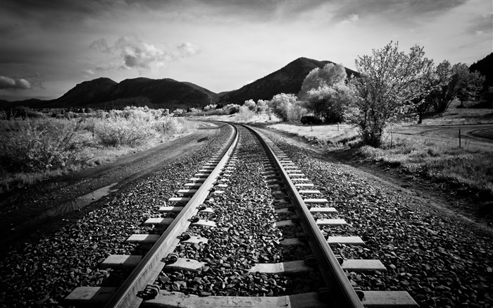 Ferrocarril, árboles, montañas, estilo blanco negro Fondos de pantalla, imagen