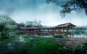 Día de lluvia, parque, puente cubierto, árboles, lago, camino, diseño 3D HD fondos de pantalla