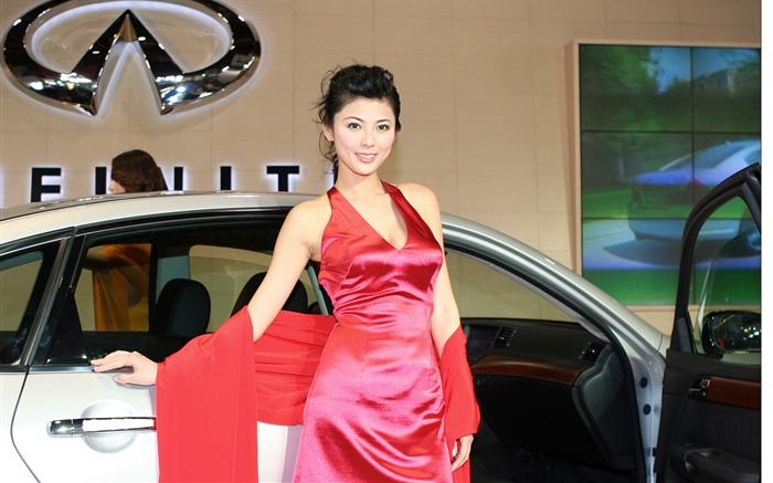 vestido rojo niña china con el coche Fondos de pantalla, imagen