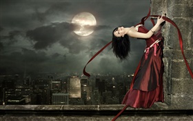 chica de color rojo vestido de fantasía, feliz, sonrisa, postura, la luna