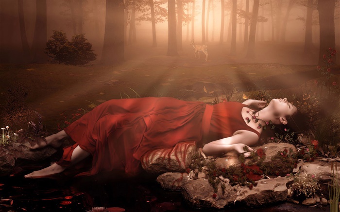 la muchacha del vestido rojo de la fantasía, el sueño en el bosque Fondos de pantalla, imagen