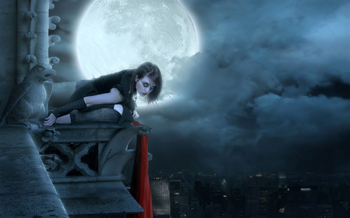 chica de color rojo labio de la fantasía en la noche de luna, ciudad Fondos de pantalla, imagen