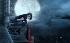 chica de color rojo labio de la fantasía en la noche de luna, ciudad HD fondos de pantalla