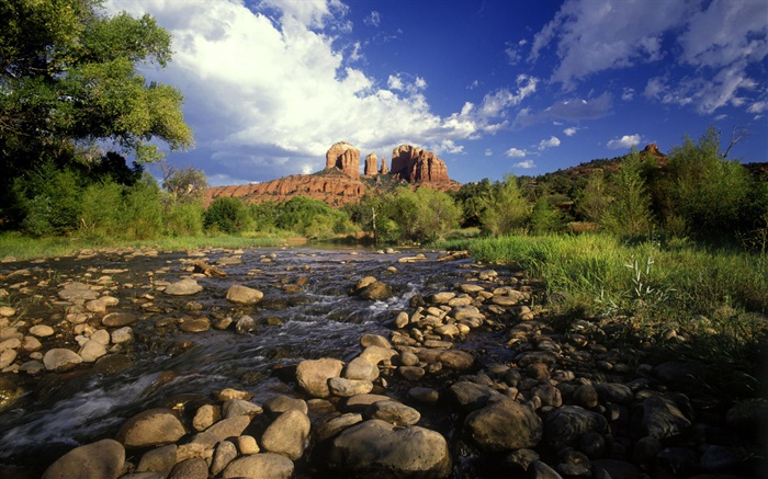 cruce de roca rojo, piedras, río, hierba, Sedona, Arizona, EE.UU. Fondos de pantalla, imagen