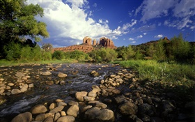cruce de roca rojo, piedras, río, hierba, Sedona, Arizona, EE.UU.