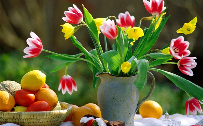 pétalos blancos rojos tulipanes, florero, naranjas Fondos de pantalla, imagen