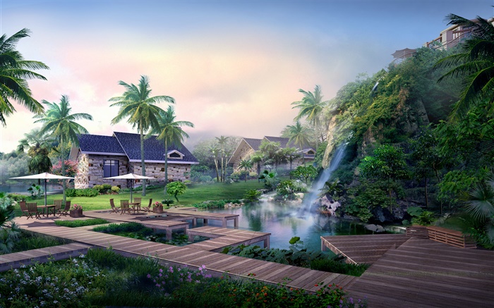 Resort, cascada, palmeras, casa, diseño tropical, 3D Fondos de pantalla, imagen