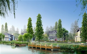 Río, árboles, barcos, casas, diseño de imagen 3D HD fondos de pantalla