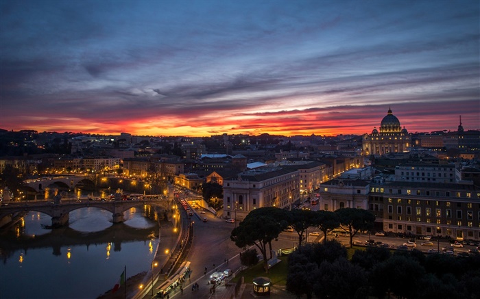 Roma, Italia, El Vaticano, por la noche, puesta del sol, casas, río, puentes Fondos de pantalla, imagen