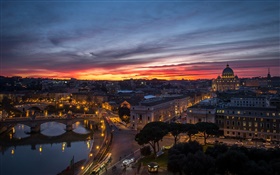Roma, Italia, El Vaticano, por la noche, puesta del sol, casas, río, puentes HD fondos de pantalla