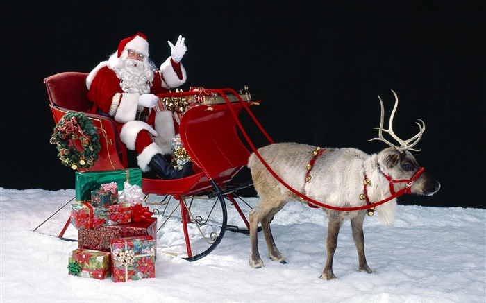 Santa, ciervos, trineo, presentes, tema de la Navidad Fondos de pantalla, imagen