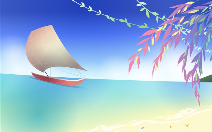 Mar, playa, barco, ramitas, primavera, diseño del vector Fondos de pantalla, imagen