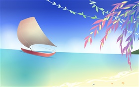 Mar, playa, barco, ramitas, primavera, diseño del vector