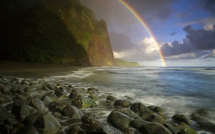 Mar, costa, piedras, arco iris, nubes Fondos de pantalla, imagen