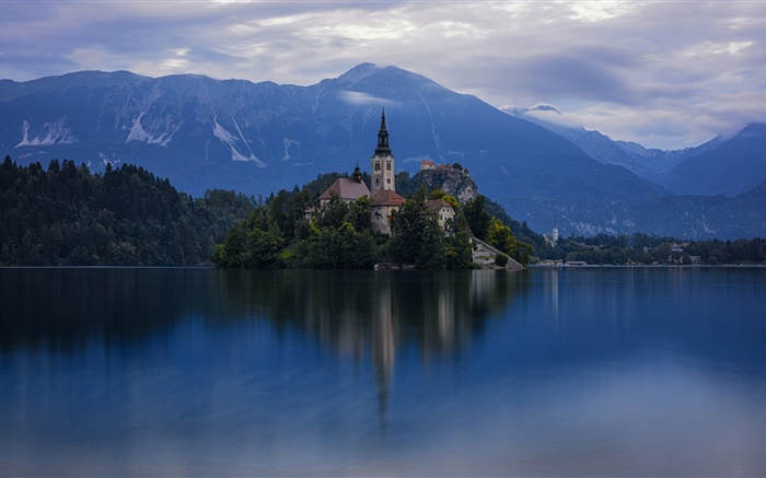 Eslovenia, isla, iglesia, lago, árboles, montañas, amanecer Fondos de pantalla, imagen