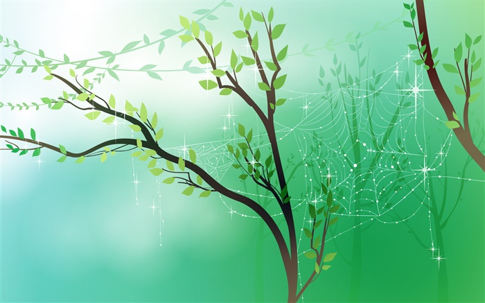 Primavera, verde, árboles, hojas, tela de araña, rocío, vector fotos Fondos de pantalla, imagen