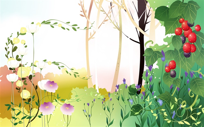 Primavera temático, árboles, hojas, bayas, imágenes vectoriales Fondos de pantalla, imagen