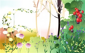 Primavera temático, árboles, hojas, bayas, imágenes vectoriales