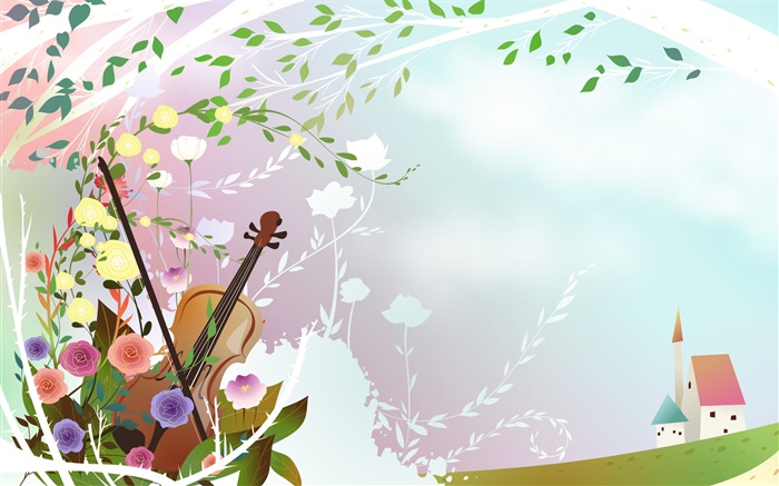 Primavera temático, flores, violín, árbol, casa, vector fotos Fondos de pantalla, imagen