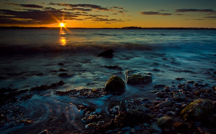 Puesta de sol, atardecer, el mar, piedras, costa Fondos de pantalla, imagen