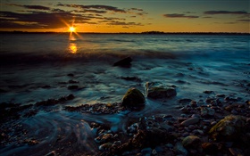 Puesta de sol, atardecer, el mar, piedras, costa HD fondos de pantalla
