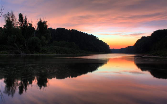 Puesta del sol, río, árboles, cielo rojo, reflexión del agua Fondos de pantalla, imagen