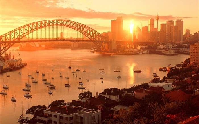 Sydney, Australia, la ciudad de la puesta del sol, puente, río, edificios, cálido sol Fondos de pantalla, imagen