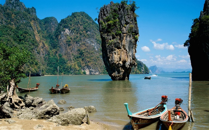 Tailandia paisaje, mar, costa, barcos, acantilado, rocas Fondos de pantalla, imagen