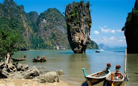 Tailandia paisaje, mar, costa, barcos, acantilado, rocas