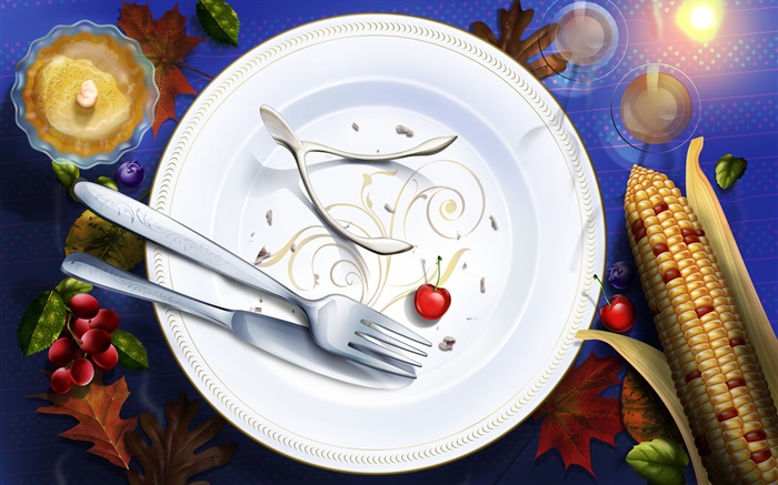 fotos de Acción de Gracias, pinturas arte, platos, cuchillos, tenedores, cereza Fondos de pantalla, imagen