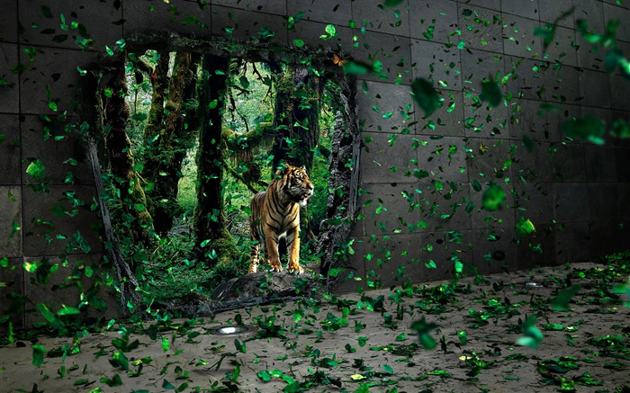 Tigre en el bosque, hojas verdes volar, imágenes creativas Fondos de pantalla, imagen