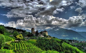 Tirol, Italia, pueblo, casas, árboles, montañas, nubes HD fondos de pantalla