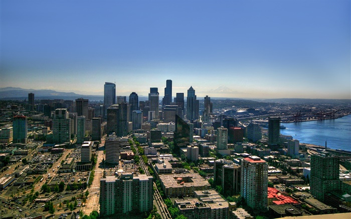 Vista superior de la ciudad, edificios, costa, carretera Fondos de pantalla, imagen