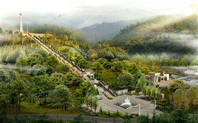 Vista superior del parque, escaleras, puertas, árboles, niebla, diseño 3D