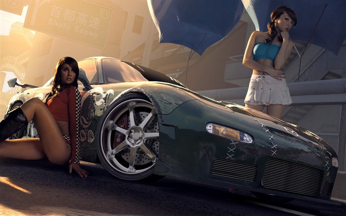 Dos muchachas con el coche de Mazda Fondos de pantalla, imagen