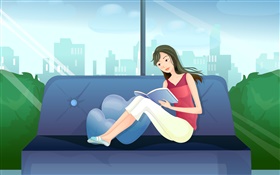 vector chica, vestido rojo, leyendo el libro en el sofá HD fondos de pantalla