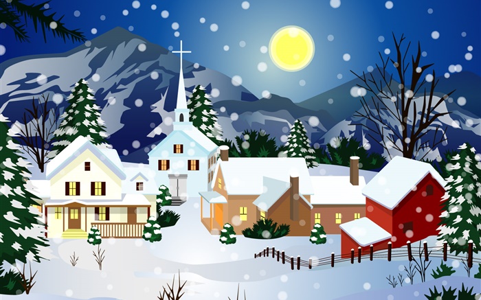 imágenes vectoriales, espesa nieve, casa, luna, navidad Fondos de pantalla, imagen